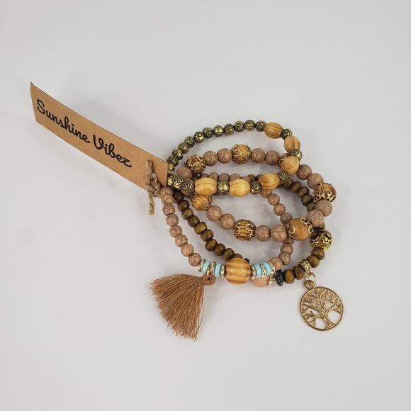 4 pc Stretch BOHO Brown Beaded Bracelet Earthtones Bohemian Sunshine Vibez - Picture 4 of 8